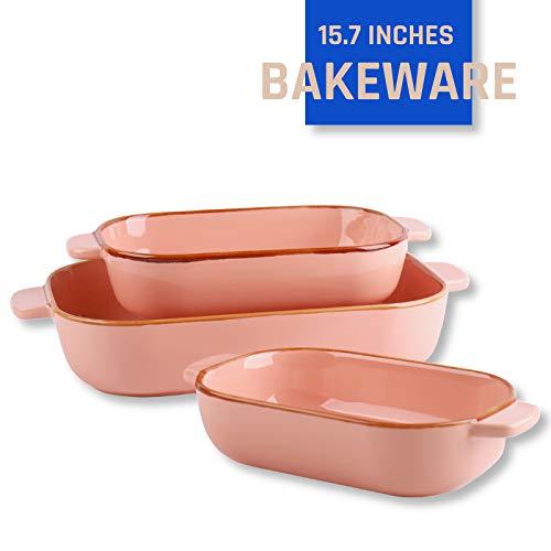 Kvv Rectangular Ceramic Baking Pan, Bakeware Set of 3 Piece,Baking Dishes, Lasagna Pans for Cooking, Kitchen, Cake Dinner, Banquet and Daily Use, 13 x 9 Inches (pink)