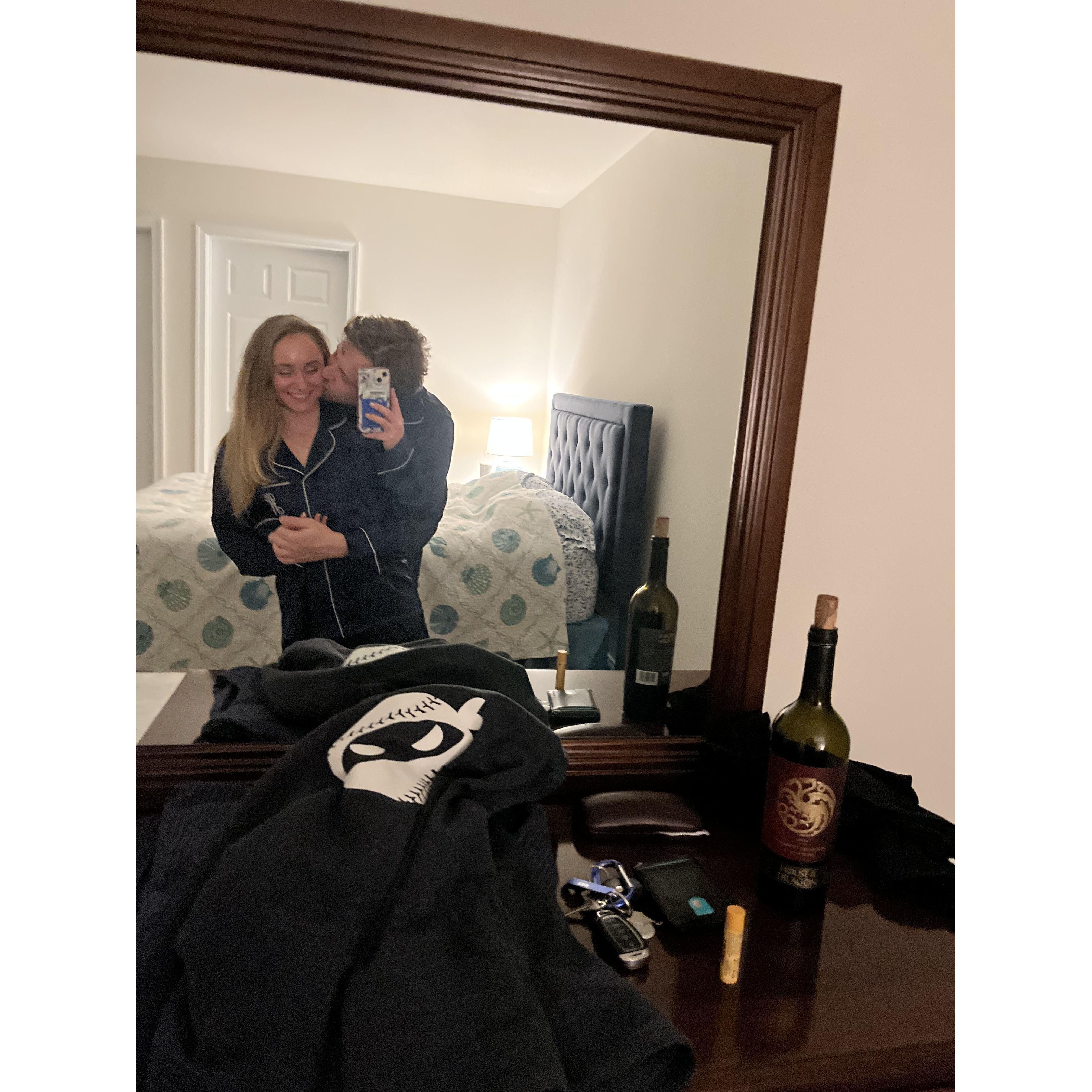 Our first NYE together! This was about six months into our relationship. We got matching PJs!
