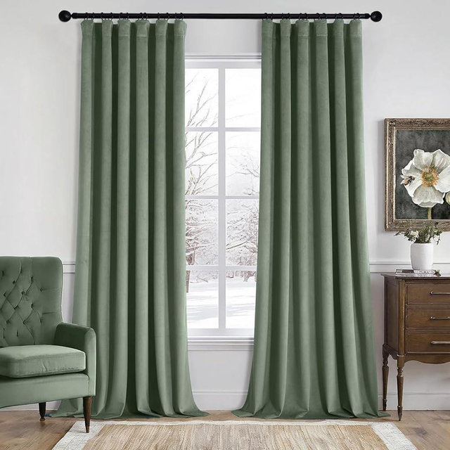 MIULEE Sage Green Velvet Curtains 96 Inches Long 2 Panels Set for Bedroom, Pinch Pleat Back Tab Thermal Insulated Living Room Darkening Drapes Pleated Blackout Floor to Ceiling Curtains with Hooks