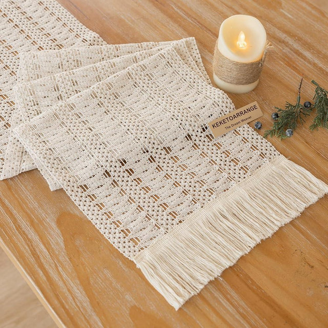 Keketoarrange Boho Spring Table Runner White for Home Décor 12x72 Inches Farmhouse Small Macrame Woven Burlap Jute Rustic Coffee Table Runner Dresser Scarf Dining Kitchen Centerpiece Bohemian Decor