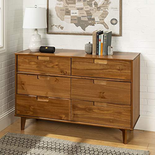 Walker Edison Furniture Company AZR6DSLDRCA Mid Century Modern Grooved Handle Wood Dresser Bedroom Storage Drawer Organizer Closet Hallway, 6, Caramel Brown