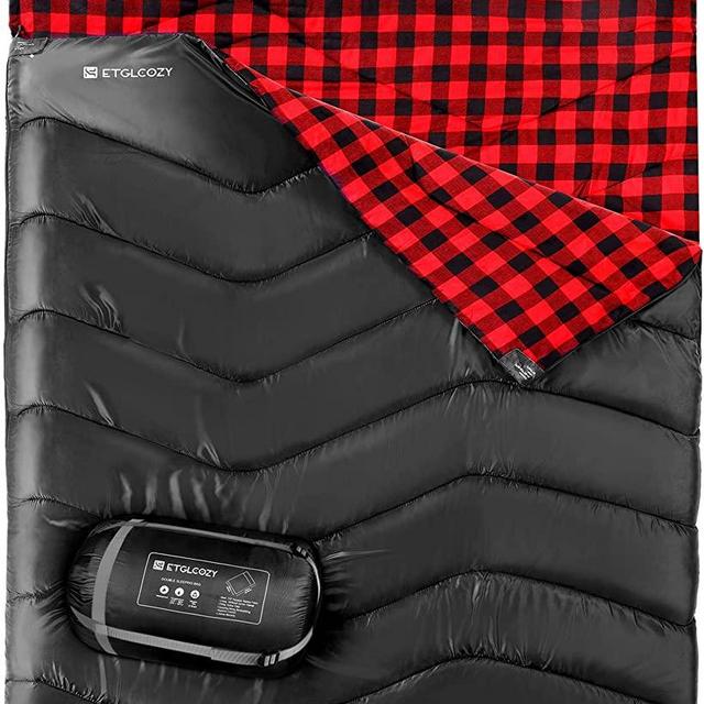 Double/Single Sleeping Bag for Adults Camping, Extra Wide 2 Person Waterproof Cotton Flannel Sleeping Bag for 3-Season Warm & Cold Weather, Lightweight with Compact Bag for Hiking Backpacking
