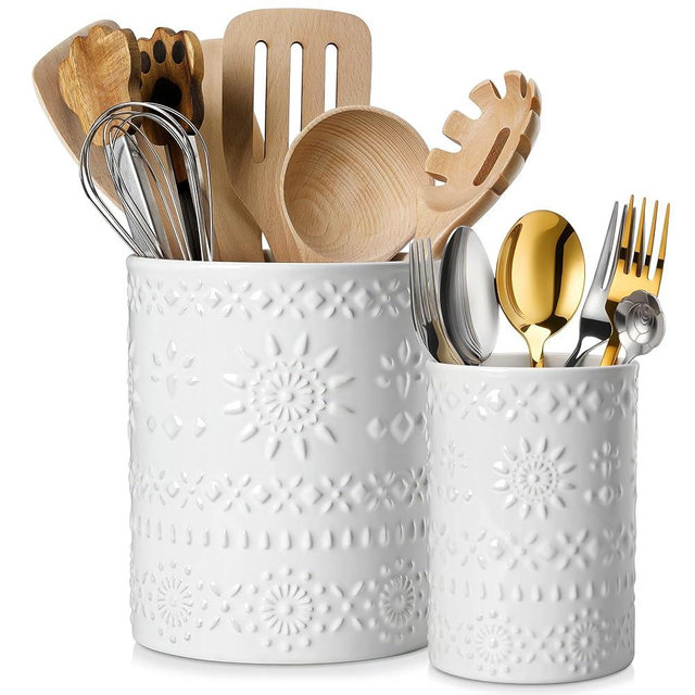 LOVECASA Utensil Holder, 7.2"+5.4" Ceramic Utensil Holder for Countertop, Large Cooking Utensil Crocks for Kitchen Counter, Farmhouse Utensil Vase for Housewarming, Kitchen Decor, Set of 2, Snow