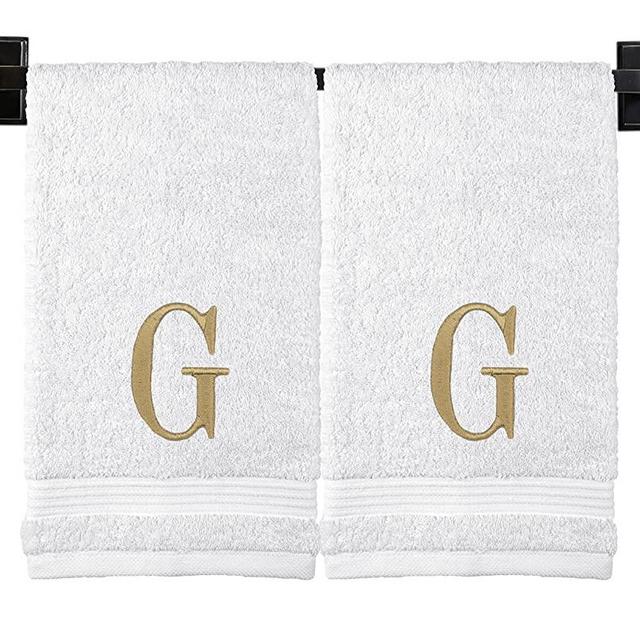 Monogrammed Hand Towels - Set of 2 - Personalized Gift Bath Towels - Genuine Turkish Cotton - Oeko-Tex Certified - Luxury Spa Quality - Embroidered Gold Thread Modern Monogram - Personalized Towels