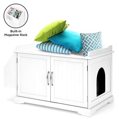 Best Choice Products Large Wooden Indoor Cat Litter Box Enclosure Cabinet, Side Table, Storage Bench Furniture for Living Room, Bedroom, Bathroom w/Magazine Rack