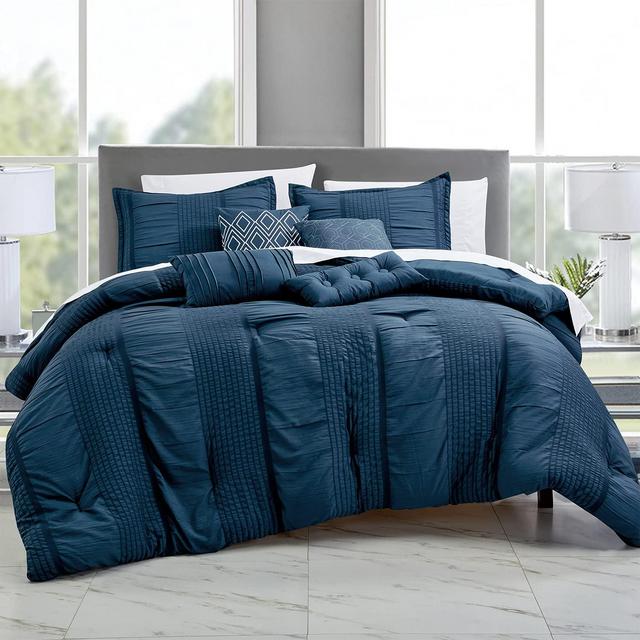 HIG 7 Piece King Size All Season Comforter Set - Contemporary Brushed Microfiber Bedding Set with Unique Pinch Pleat Design - Breathable Comfortable Bed in A Bag for Bedroom, Navy (22116)