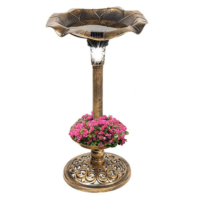 Best Choice Products Outdoor Solar Lighted Pedestal Bird Bath Fountain Decoration w/Planter, Integrated Panel, Scroll Accents for Lawn, Garden - Bronze