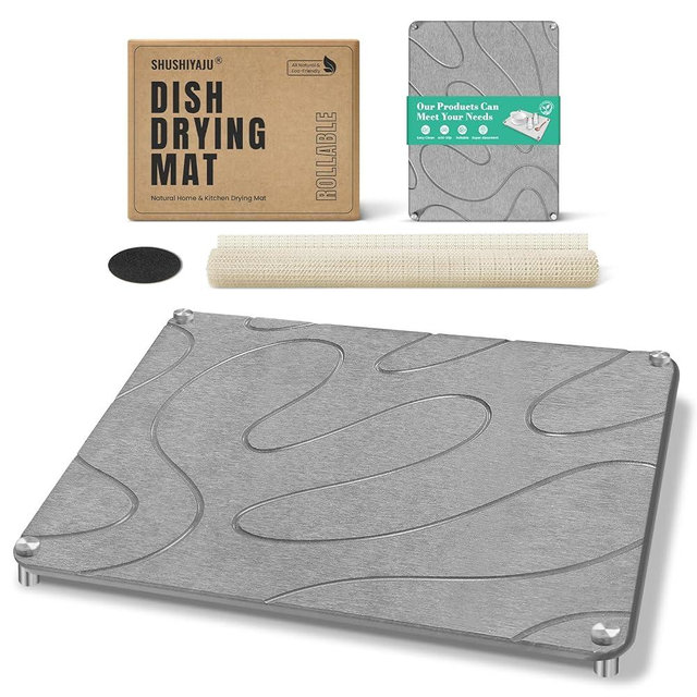 Stone Drying Mat For Kitchen Counter Superb Absorbent Diatomaceous Earth Mats with Non-Slip Feet Quick Dry Stone Dish Drying Pad Dish Pad Multi-Purpose(Flow Line-MediumGray, 15.7" x 11.8")