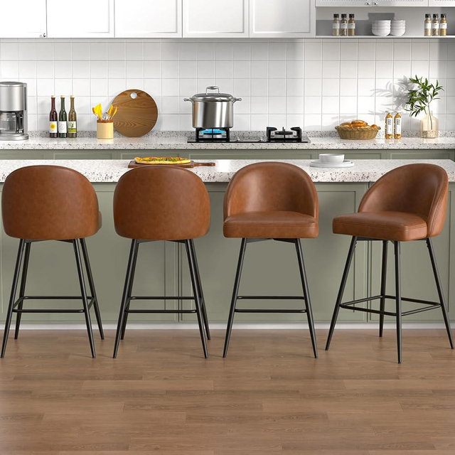 Madaha Counter Height Bar Stools Set of 4, 360° Swivel Upholstered Barstools with Backs and Metal Legs, 27" Seat Height Modern Bar Stools for Kitchen Island, Home Bar, Faux Leather in Brown