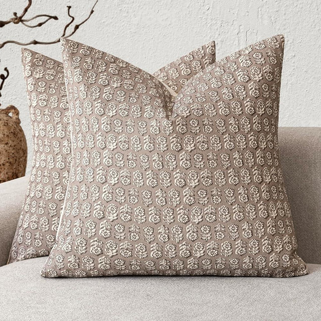 Foindtower Set of 2 Decorative Vintage Floral Print Throw Pillow Covers Neutral Modern Farmhouse Cushion Covers Boho Home Decor for Sofa Couch Chair Bedroom Living Room Outdoor,24×24 Inch,Tan Taupe