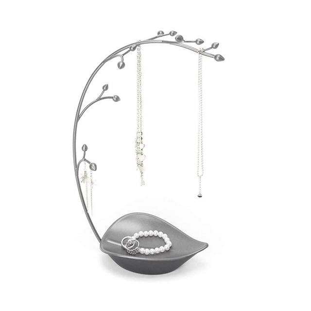 Umbra Orchid Jewelry Hanging Tree Stand - Multi-Functional Necklace Metal Holder Display Organizer Rack With a Ring Dish Tray - Great For Organization - Can Be Used As Decor, Dining Room Centerpiece