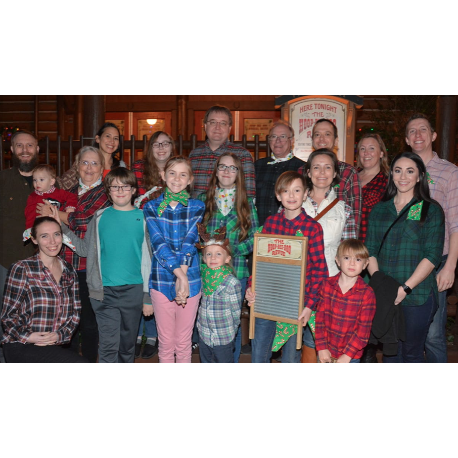 Here we are with Quinlan's whole family for a Christmas celebration at Hoop Dee Doo Musical Revue at Pioneer Hall!