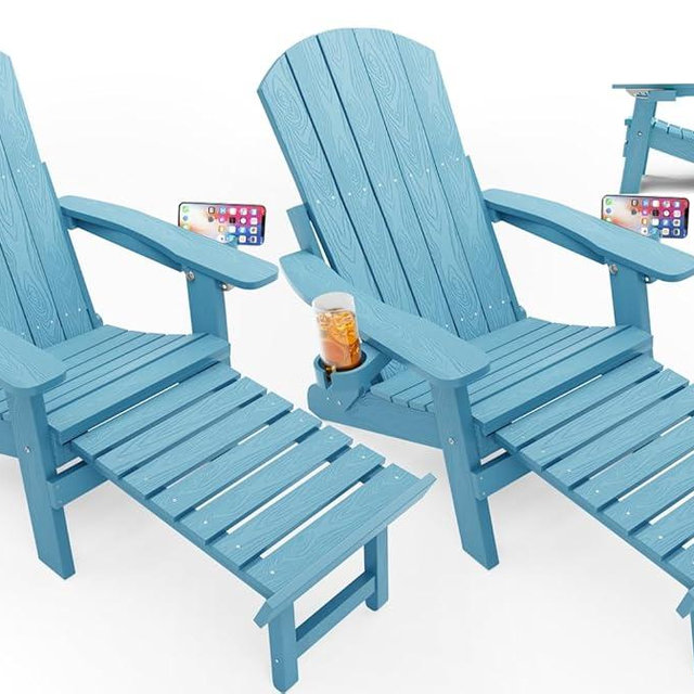 YEFU Adjustable Adirondack Chair with Footrest Set of 2, 5-Level Adjustable Adirondack Chair with Retractable Ottoman& 2 Cup Holder, Folding Adirondacks Chairs Use for Outdoor, Pool, Fire Pit (Blue)