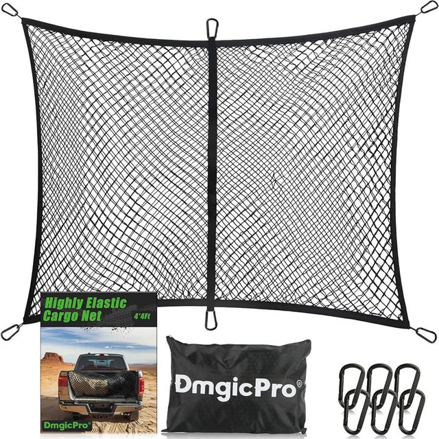 Cargo Net for Pickup Truck Bed, DmgicPro Highly Elastic Truck Bed Net, 4"x4"Stretches to 7"x7"with 6 Metal Carabiners, Stretchable Mesh Net Organizer for Pickup Trunk Bed, Ideal for Daily Light Loads