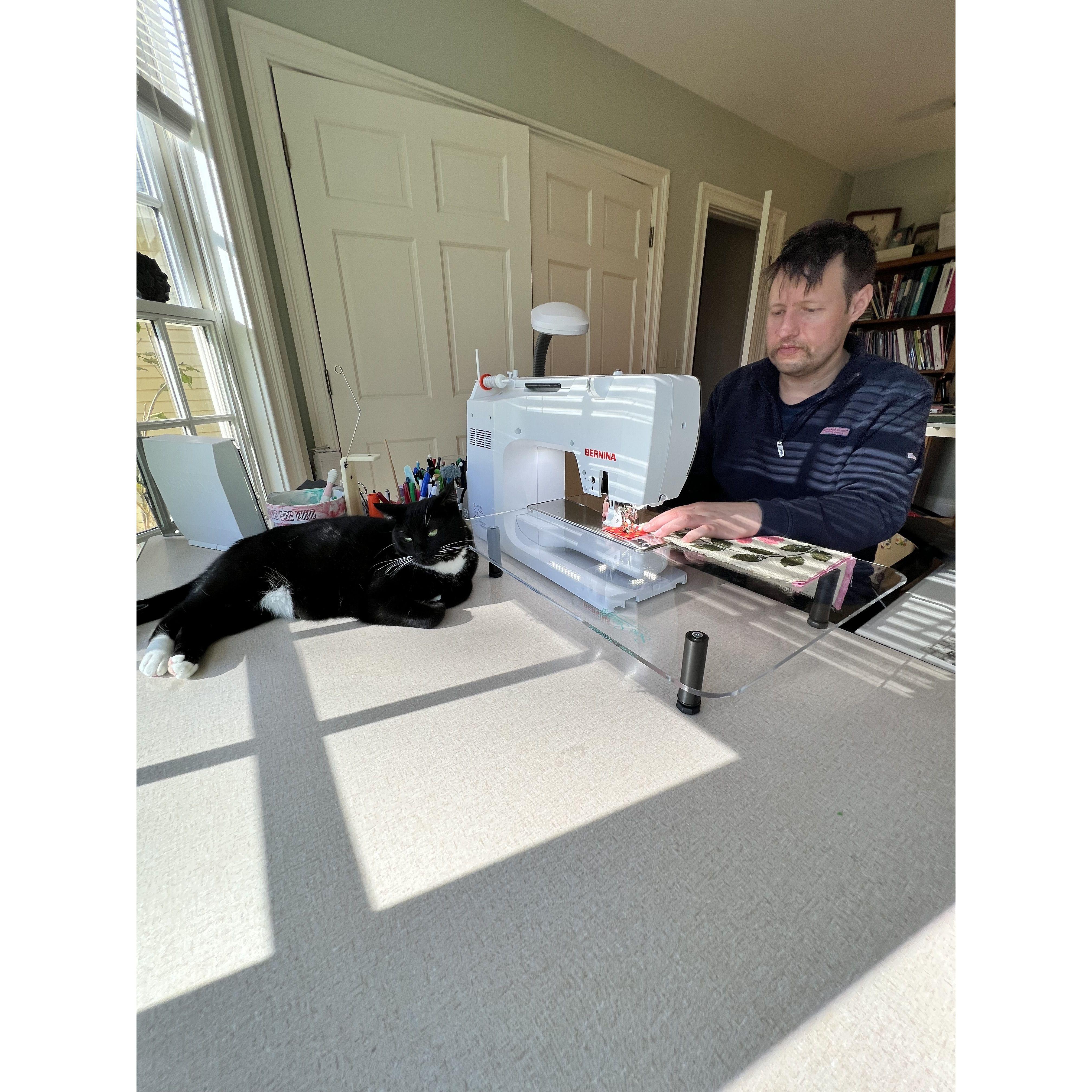 Jon's first sewing lesson with Supervisor Roo. April, 2024.