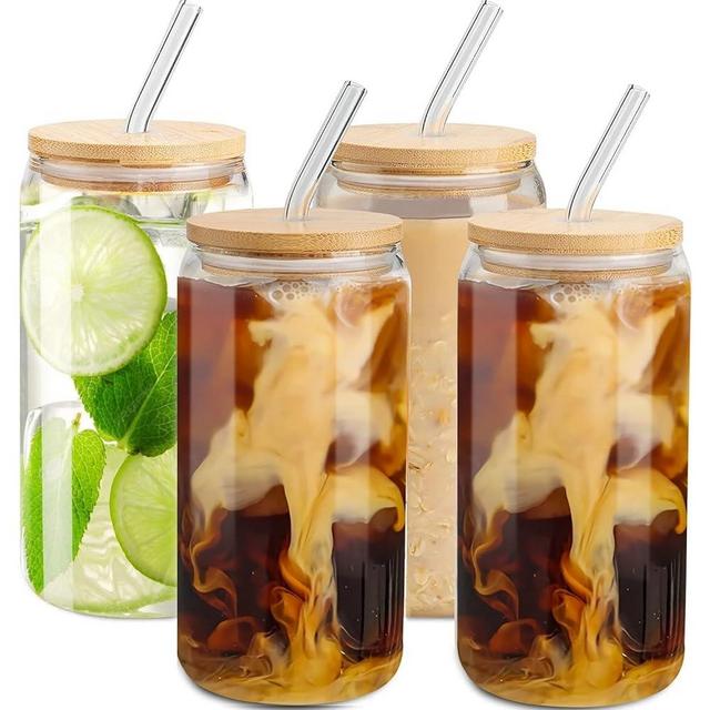 Benestanti 4 pcs Glass Cups with Bamboo Lids and Straws-16 oz Glass Tumbler with Straw and Lid & Cleaning Brush,Iced Coffee Cups with Lids Ldeal for Smoothie Beer Cocktail Whiskey Tea Juice Gift