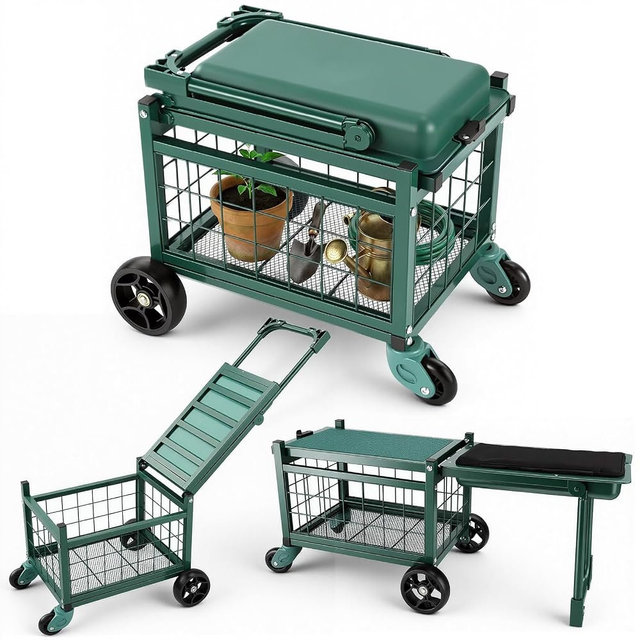 Rolling Garden Cart with Seat, Metal Garden Work Seat with 360° Swivel Wheels, Storage Basket, Workbench, and Tool Bag, Upgraded Heavy Duty Gardening Wagon and Stool for Seniors