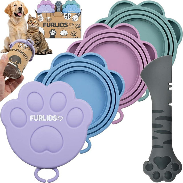 FURLIDS Furgoods 4-Pack Dog Food Can Lids & Cat Food Can Lid Set with Spatula – Silicone Pet Food Cans Covers, Airtight & Reusable – Universal Fit, Dishwasher Safe