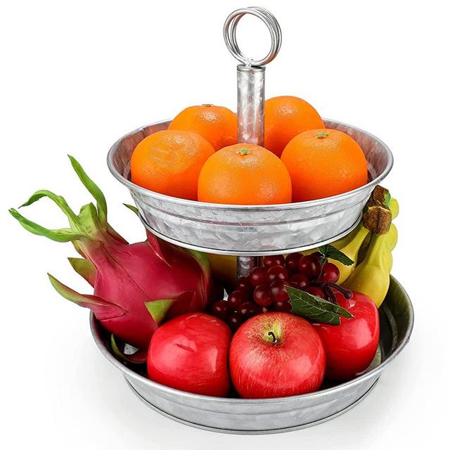 ELLDOO 2 Tiered Galvanized Serving Tray, Farmhouse Style Cupcake Display Stand Rustic Kitchen Tiered Tray, Metal Stand Rustic Dessert Fruit Tray Decorative Tray for Party Home Decor