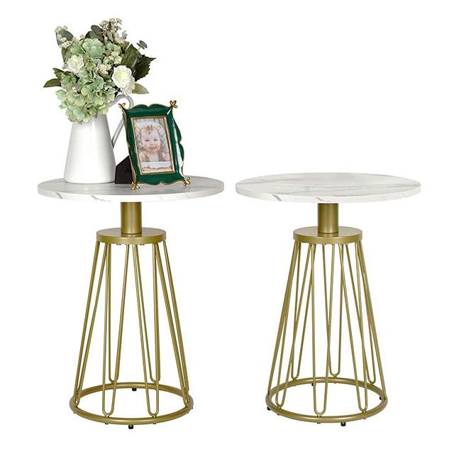 Modern Round Side Table Set of 2 with Brass Gold Metal Frame, Nightstand/Small End Tables, MDF Table Top with White Marble Texture for Living Room, Bed Room and Patio ET228-WH-2PK