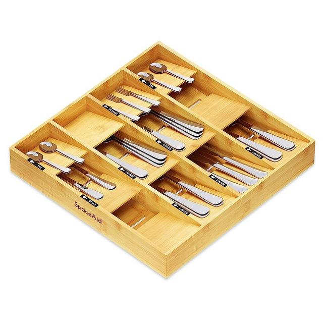 SpaceAid Bamboo Silverware Drawer Organizer with Labels, Kitchen Utensil Tray Holder Organizer for Flatware, Cutlery, Spoon and Knives Drawer Storage Organization (12 Slots)