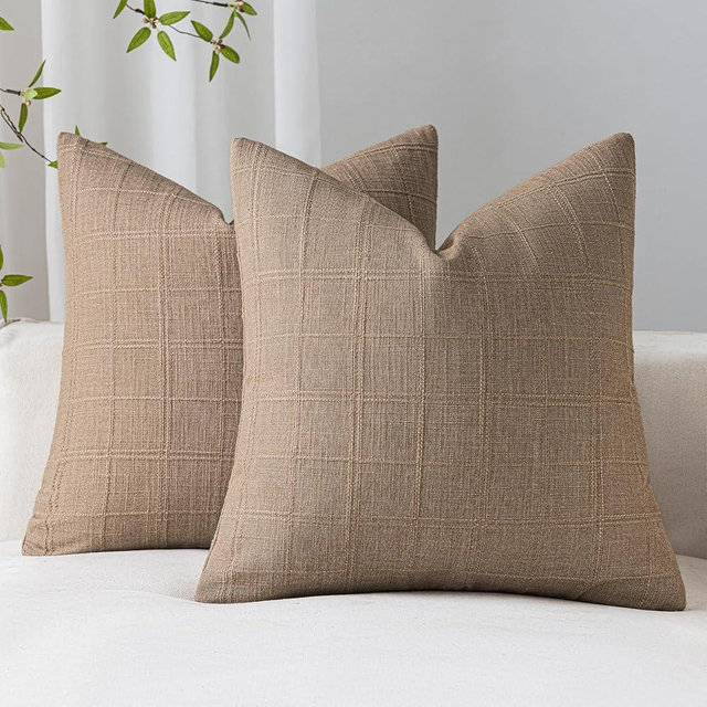 SINYASAN Taupe Linen Checkered Throw Pillow Covers 22x22 Set of 2, Neutral Farmhouse Vintage Cushion Cases Textured Modern Boho Decorative Pillow Covers for Sofa Couch Bedroom Living Room