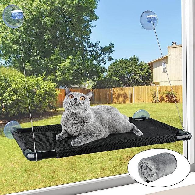 Yicostar Cat Window Perch Large, Cat Window Hammock Cat Bed Window, Safety and Space Saving Window Mounted Cat Seat for Large Cats Sunbathing & Napping (Black Premium Set)