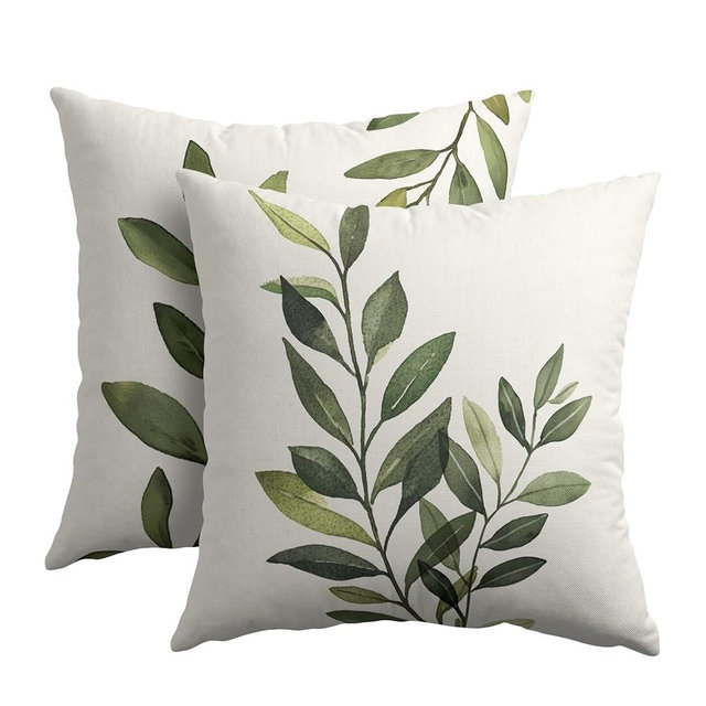 Kawani Sage Green Leaf Pillow Covers 18x18 Inch Set of 2 Spring Leaves Plants Botanical Decorative Pillowcase Cotton Linen Square Cushion Case for Couch Sofa Bedroom Home Decoration
