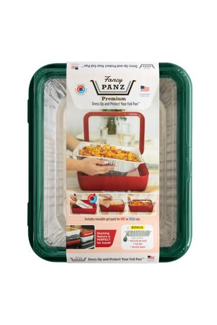 Fancy Panz Premium Dress Up & Protect Your Foil Pan, Made in USA. Hot/Cold Gel Pack, One Half Sized Foil Pan & Serving Spoon Included. Stackable for easy travel. (Green)