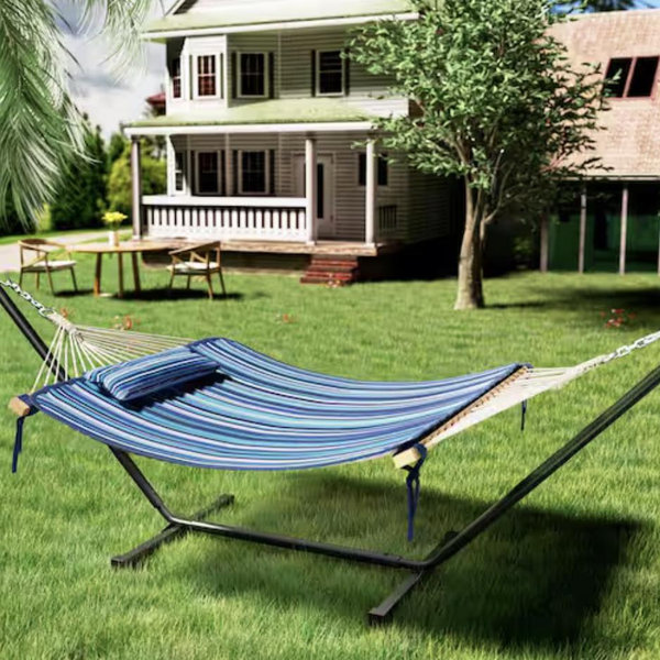 VEIKOUS 12 ft. Quilted 2-Person Hammock Bed with Stand and Detachable Pillow, Blue Stripes PG0203-01BU-5