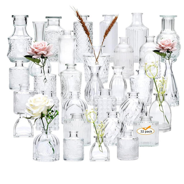 Brajttt Glass Bud Vase Set of 32 pcs,Vase for Flowers,Small Vases for Centerpieces,Clear Vases in Bulk, Vintage Glass Bottles for Rustic Wedding Home Table Decorations …