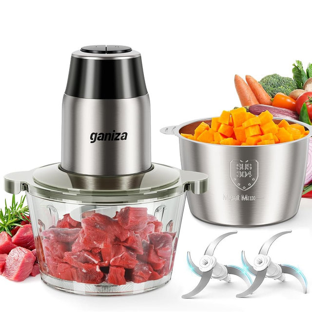 GANIZA Food Processors, Electric Food Chopper with Meat Grinder & Vegetable Chopper - 2 Bowls (8 Cup+8 Cup) with Powerful 450W Copper Motor - Includes 2 Sets of Bi-Level Blades (Silver)