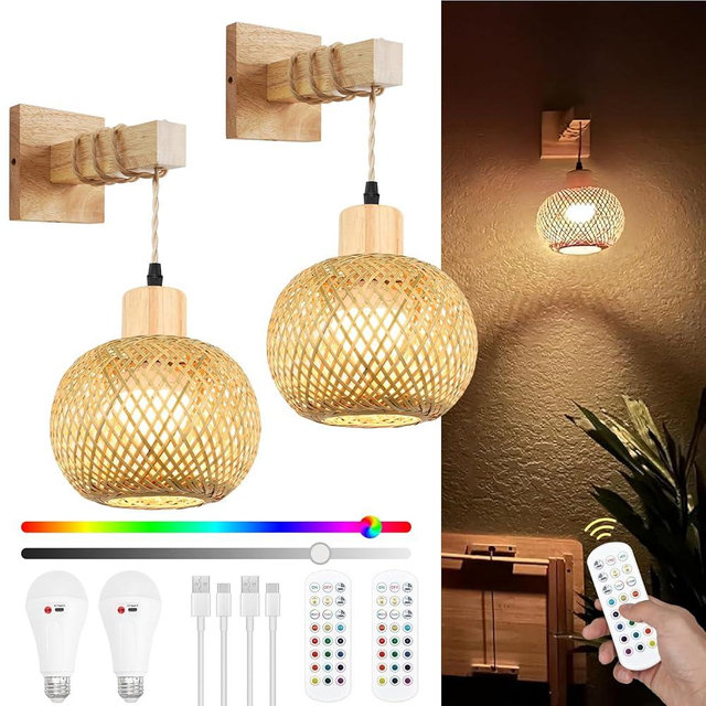 Frideko Bamboo Rechargeable Wall Sconces Set of Two with Remote, RGB 15 Colors Dimmable Battery Operated Wall Light, Rattan Indoor Wireless Wall Lamp with 3 Timer, Boho Wall Lighting for Bedroom
