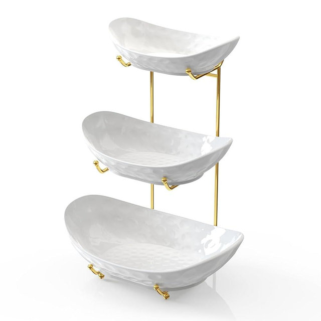 Fruit Bowl Basket for Kitchen Counter，Acliys Ceramic Decrative Serving Bowl, 3 Tier kitchen Decor Organizers and Storage for Farmhouse Snack Breads Dessert Cake Tray for Party Wedding，Gold white