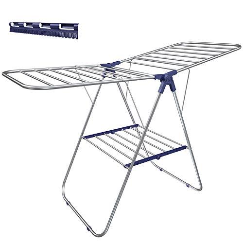 SONGMICS Clothes Drying Rack, with Bonus Sock Clips, Stainless Steel Gullwing Space-Saving Laundry Rack, Foldable for Easy Storage, Silver ULLR52BU