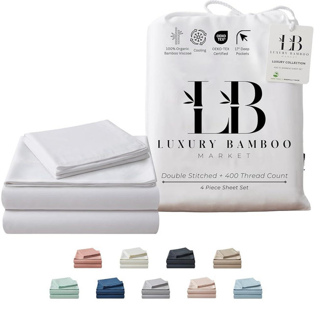 Luxury Bamboo Market | King Size Bed Sheet Set | 100% Viscose Made from Bamboo | Organically Grown | Ultra Soft | Cooling Sheets for Hot Sleepers | 17" Deep Pocket [Classic White]