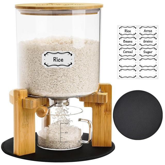 Belle Parc Glass Rice Dispenser With Airtight Lid with Labels and Slider mat. Glass grain containers Look great as a Bamboo Rice Container or Rice Storage Container with 5L Capacity,
