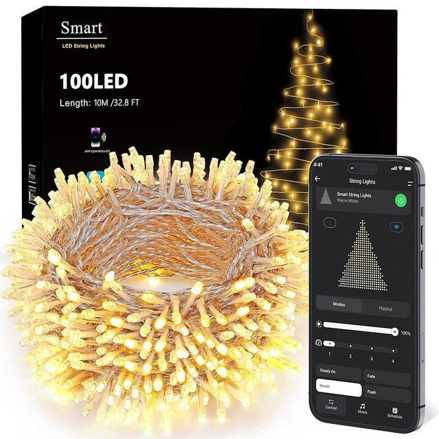 Brizled Smart String Lights Warm White, 32.8ft 100 LED String Lights Work with Alexa & Google Home, Dimmable APP Fairy Light Music Sync Xmas Tree Light Clear Wire for Home Christmas Tree Party Decor