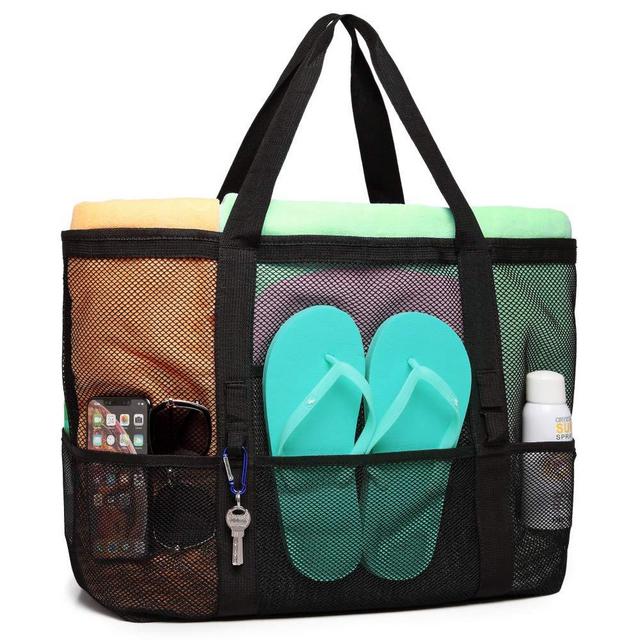 Beach Bag, F-color Mesh Beach Bag Oversized Beach Tote 9 Pockets Beach Toy Bag