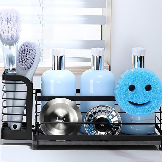 for Scrub Daddy & Mommy Sponge Holder, Kitchen Sink Caddy for Soap Dish & Adjustable Dish Brush Holder, with Diatomite Stone Sink Tray, Instant Dry