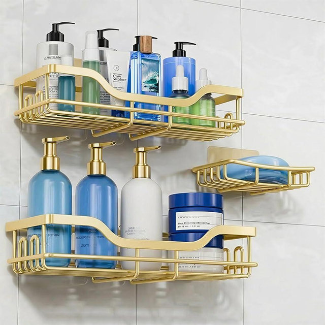 OMAIRA 3-Pack Shower Caddy with Soap Holder, Adhesive Rustproof No-drill Strudy Loading Inside Shower Organizer Shelves Rack Storage Bathroom Organization for Smooth Wall Glass Tile, (Gold)
