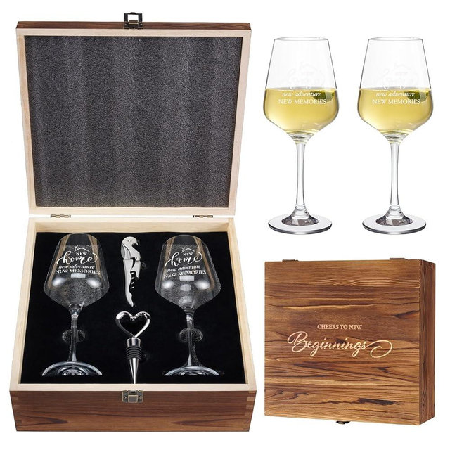 AW BRIDAL House Warming Gifts New Home Wine Glasses Sets, 2026 Closing Gifts for Home Buyers and Homeowner, New Apartment Gift Basket for Couple, First House Gift with Wooden Keepsake Box