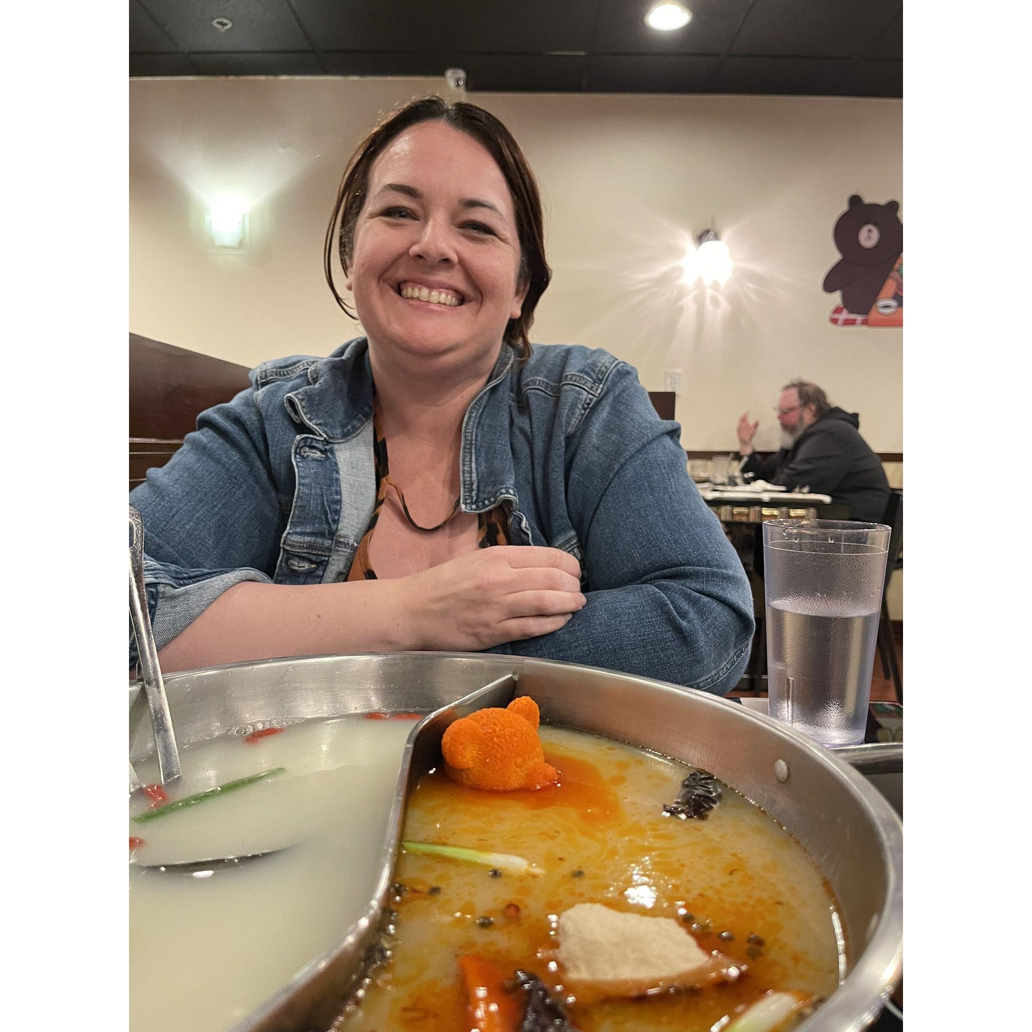 Our faces before they were melted off at hot pot!  The "butter bear" was a misleading name...