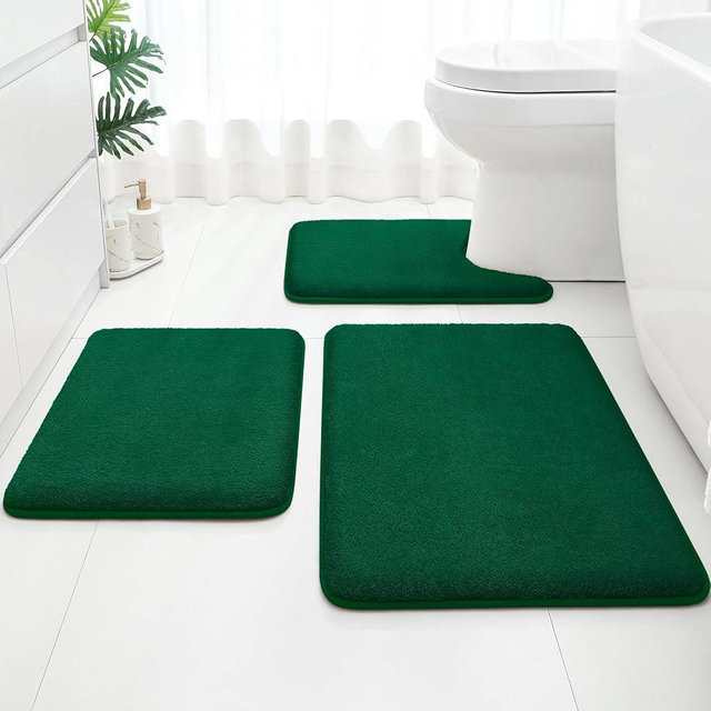 HOMEIDEAS Upgraded Bathroom Rugs Set 3 Piece, Extra Thick Absorbent Soft Memory Foam, Washable Toilet Bath Mat (Dark Green,17"x24"+20"x32"+U Shape 20"x24")