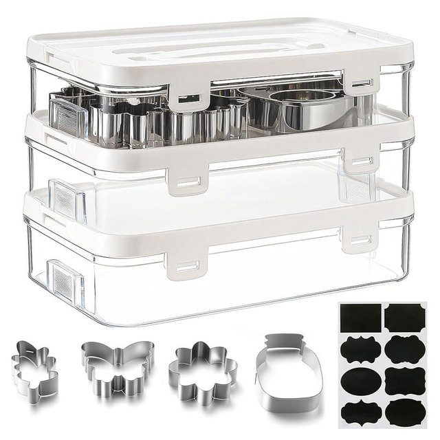 BrightRow 3 Pack Cookie Cutter Storage, Transparent Cookie Cutter Organizer with a Sticker, Baking Storage Containers, Cover to Prevent Dust, Can Be Used Alone or Hidden for Stacking(No Cutters)