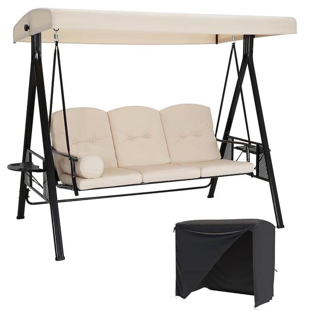 AECOJOY Outdoor Porch Swing with Cover, 3-Seat Patio Swings with Adjustable Canopy, Outside Swing for Adult with Beige Removable Cushions for Backyard, Garden, Yard, Poolside, Balcony