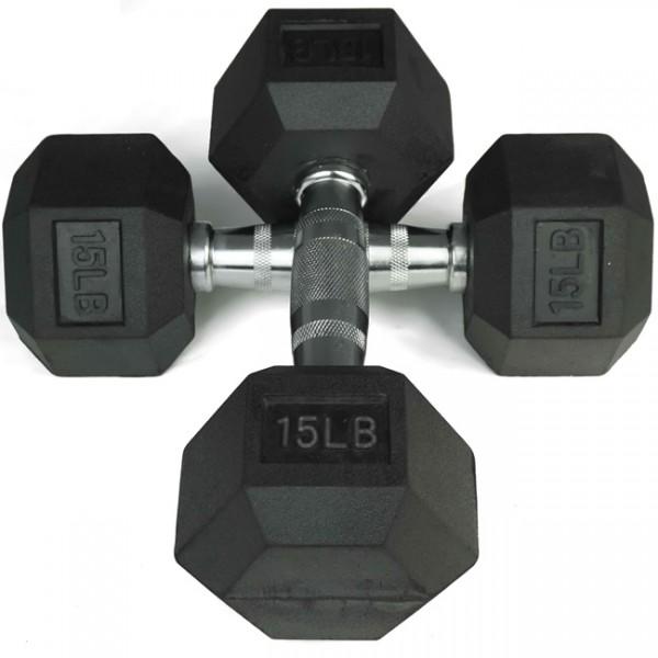 Pair of 15 lb Black Rubber Coated Hex Dumbbells