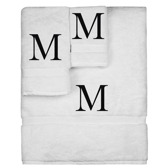 BC BARE COTTON Monogrammed Towel Set, Personalized Gift, Set of 3 - White - Black Block - M