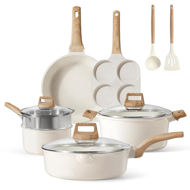 CAROTE Pots and Pans Set Nonstick, White Granite Induction Kitchen Cookware Set, 11 Pcs Non Stick Cooking Set w/Frying Pans & Saucepans