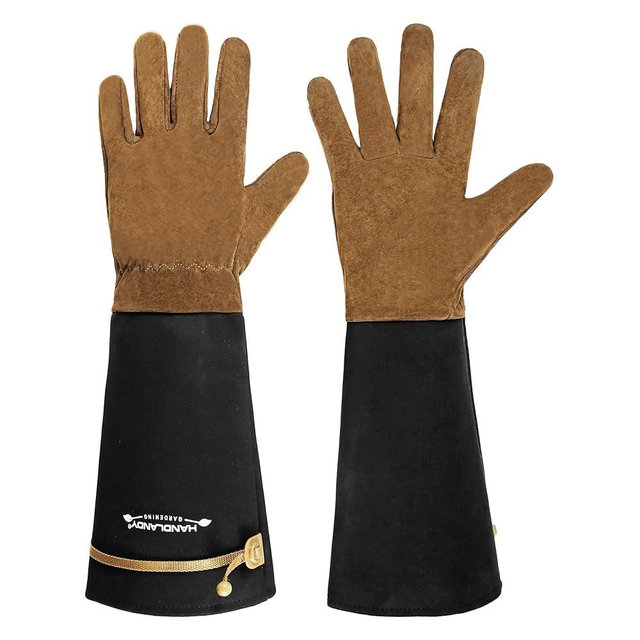 HANDLANDY Long Gardening Gloves for Men & Women, Pigskin Leather Rose Pruning Gloves, Breathable Thorn Proof Gauntlet Glove (Brown-Pigskin, L)